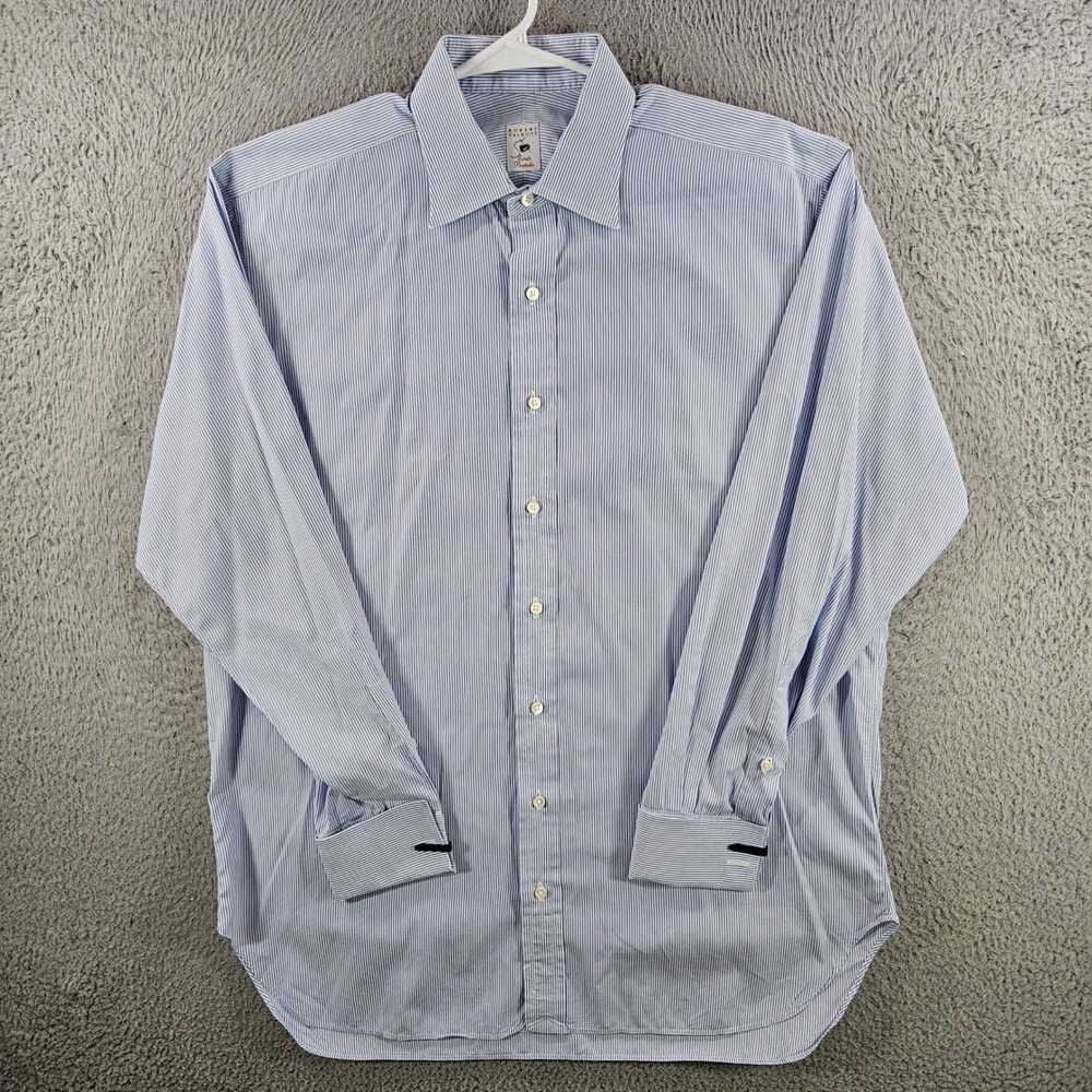 Robert Talbott Estate Bespoke Mens Blue White Striped French Cuff Dress Shirt L